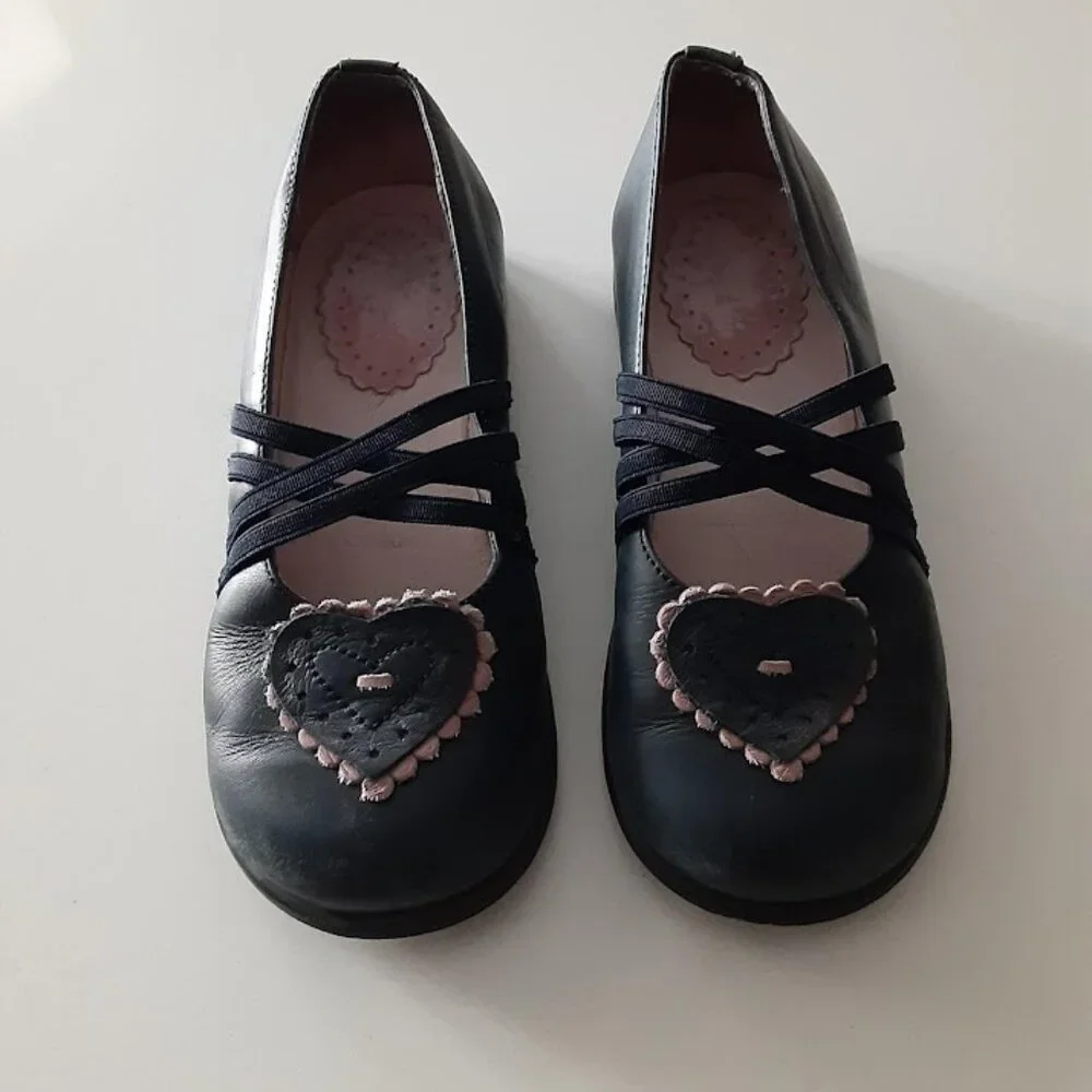 Jacadi kids shoes - blue leather size 28 - pink trim heart detail